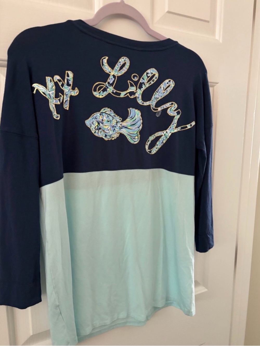 Lilly Pulitzer Navy and Light Blue Colorblock Long-Sleeve Top with Fish Accent